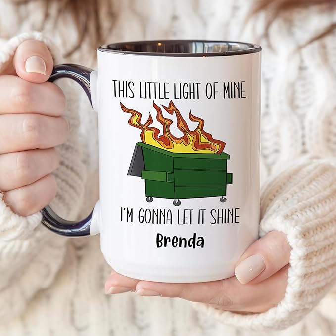 Personalized Funny Dumpster Fire Coffee Mug – Custom Name Cup with Quote “This Little Light of Mine I’m Gonna Let It Shine” – Unique Gag Gift, White Elephant Christmas Cup