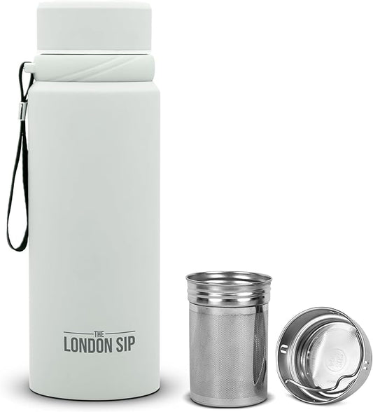 London Sip 25 oz Multi-Purpose Tea Infuser Mug – Fruit Infuser Water Bottle for Hot and Cold – Double Wall Stainless Steel Insulated, Pearl White