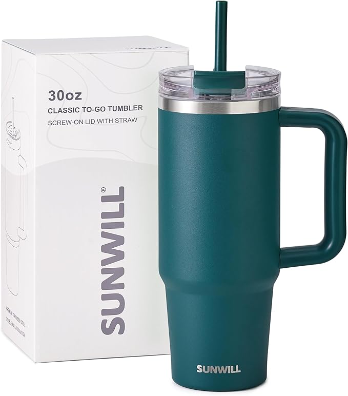 SUNWILL Travel Coffee Mug with Lid, 30 oz Tumbler with Handle and Straw Leak Proof, Stainless Steel Cup Insulated for Office & Camping, Cupholder Friendly, Powder Coated Deep Teal
