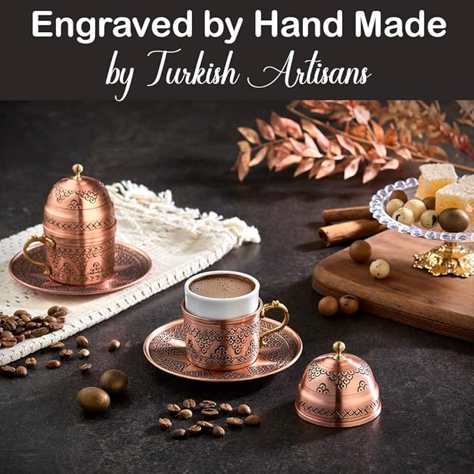 Pure Copper Turkish Arabic Greek Moroccan Coffee Espresso Cup and Saucer Set of 2 Lid Mug Inner Porcelain Serving Drinking Drink Gift Mini Small Fancy Antique Handmade for Home Vintage Unique