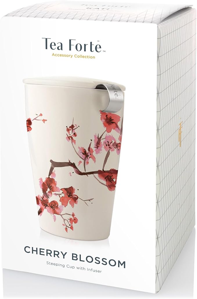 Tea Forte Double-Walled Ceramic Kati Cup, Removable Stainless Steel Infuser Basket and Lid, Steeps 12 oz Loose Leaf Tea, Dishwasher & Microwave Safe, Cherry Blossom