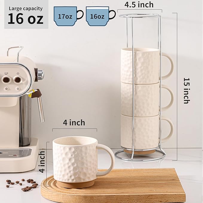 Nihow Ceramic Coffee Mug Set of 4, 16OZ Stackable Coffee Mug Set with Stainless Stand,Large Cup Set for Cappuccino,Tea,Hot/Cold Drinks,Dishwasher & Microwave Safe,Matte White