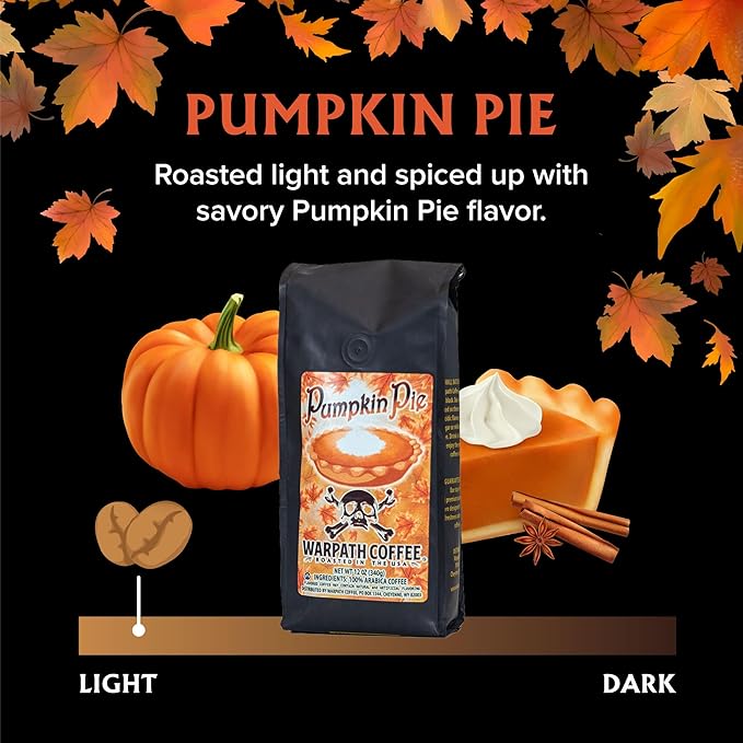 Warpath Coffee Light Roast Ground Coffee, Pumpkin Pie Blend, High Caffeine, Extra Strong Roasted 100% Arabica Ground Pumpkin Spice, Rich Aroma, Full-Bodied Intense Cup, Created by Navy SEALs, 12oz