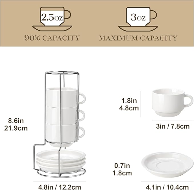 MALACASA 2.5 OZ Porcelain Espresso Cups with Saucers and Metal Stand Set of 4, Stackable Cappuccino Cups, White Expresso Shots Cup Set for Coffee Drinks, Latte, Tea