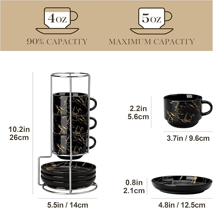 MALACASA 4 OZ Porcelain Espresso Cups with Saucers and Metal Stand Set of 4, Stackable Cappuccino Cups, Marble Black Expresso Shots Cup Set for Coffee Drinks, Latte, Tea