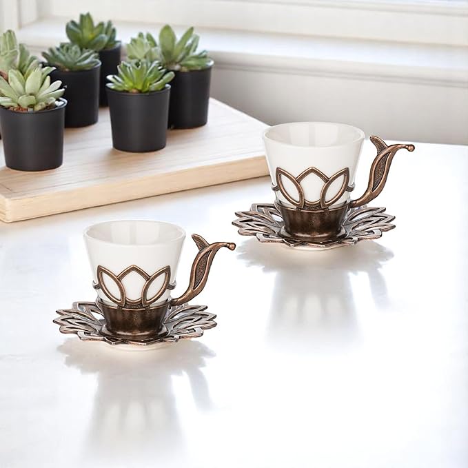 Alisveristime (Set of 6 Turkish Coffee Set with Porcelain Cups, Zamac Holders & Saucers – 80ml Capacity, Ottoman Motif, 4 Color Options (Brown)