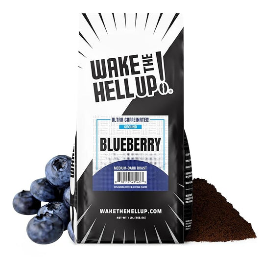 Wake The Hell Up! 1lb Ultra-Caffeinated Blueberry Ground Coffee, Low Acid, Medium-Dark Roast