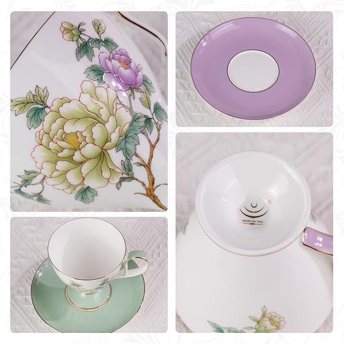 KAMMAK Ceramic Coffee Cups Saucers Set of 2, Porcelain Espresso Cups with Saucers, 8.12 oz Handcrafted Elegant Bone China Tea Cups, Purple Purple & Mint Green Flower Teacup for Party, Office, Gift