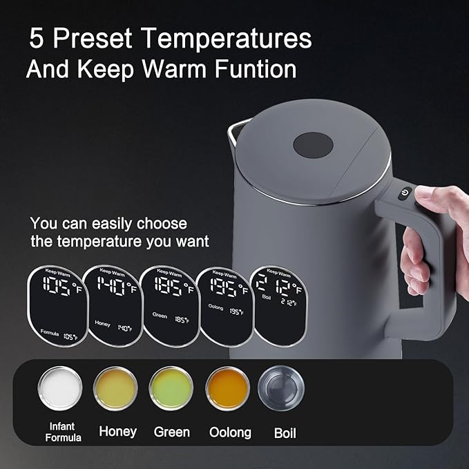 1.5L Electric Kettle Stainless Steel, Double Wall Cool Touch Teapot, Fast Boil,5 Temperature Control, LED Display, Auto Shut-Off, BPA-Free,Keep Warm Function, Ideal for Tea & Coffee,Gray