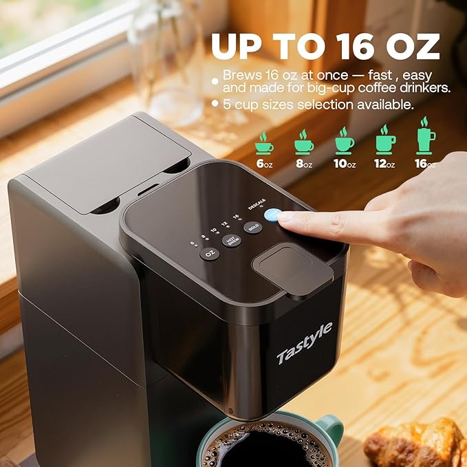 Single Serve Coffee Maker Hot and Iced with Bold Brew, Small Coffee Machine for K Cup and Ground, Fits 7.3'' Travel Mug, Brews up to 16 Oz, 5 Cup Sizes, Compact for Office, RV& Hotel, Black