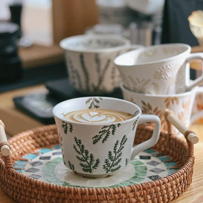 Coffee Mug 4 with Gold Spoon, 11 oz Porcelain Mug, Ancient Style Hand-painted Mug for Men Women, Dishwasher Microwave Safe W006-Green Leaf