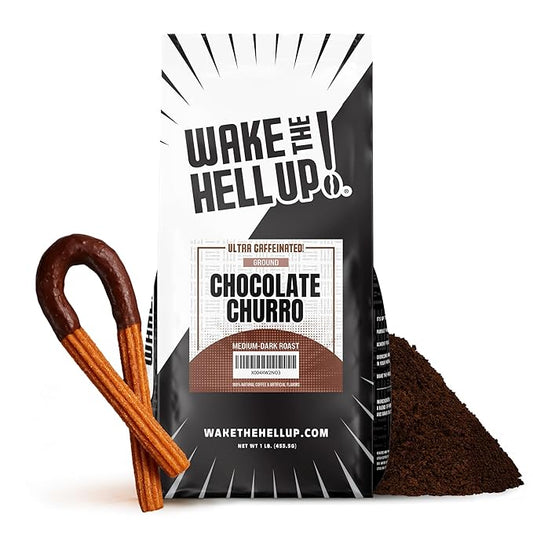 Wake The Hell Up! 1lb Ultra-Caffeinated Chocolate Churro Coffee, Low Acid, Medium-Dark Roast