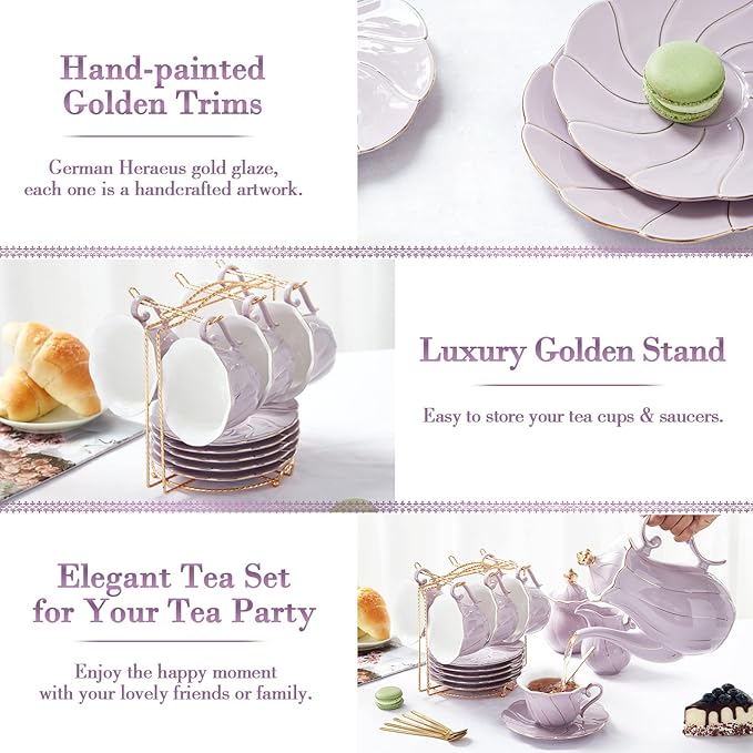 DUJUST 22 pcs Porcelain Tea Set for 6, Luxury British Style Tea/Coffee Cup Set with Golden Trim, Beautiful Tea Set for Women, Tea Party Set, Gift Package (With a Stand) - Purple