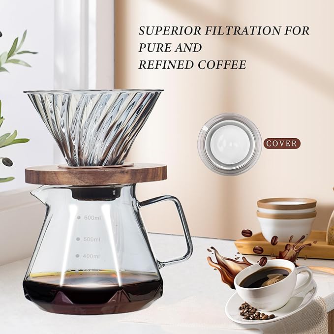 Upgrade Pour Over Coffee Maker - 20 OZ /600ML Borosilicate Glass Coffee Maker with Glass Coffee Dripper, Stylish Elegant Drip Coffee Maker for Home Cafe Restaurant Camping, 600 ml, Clear