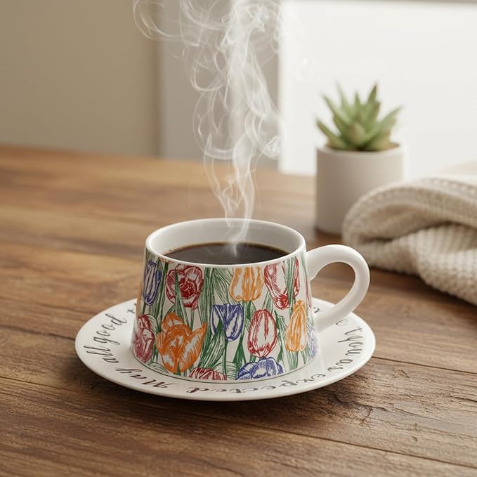 Colorful Tulip Ceramic Coffee Cup and Saucer Set, Floral Printed Tea Cup with Gift Box for Home, Café, Office, Thanksgiving Gift for Women