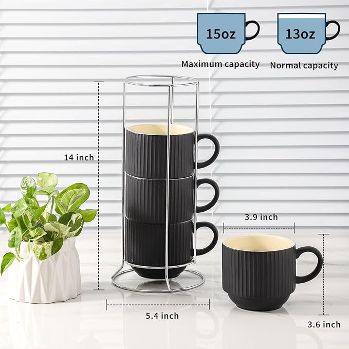 glowworm Coffee Mugs Set of 4, 15 Oz Ceramic Coffee Cups, Stackable Coffee Mugs for Lattee, Cappuccino, Wedding, Birthday Gift, Microwave & Dishwasher Safe, Black