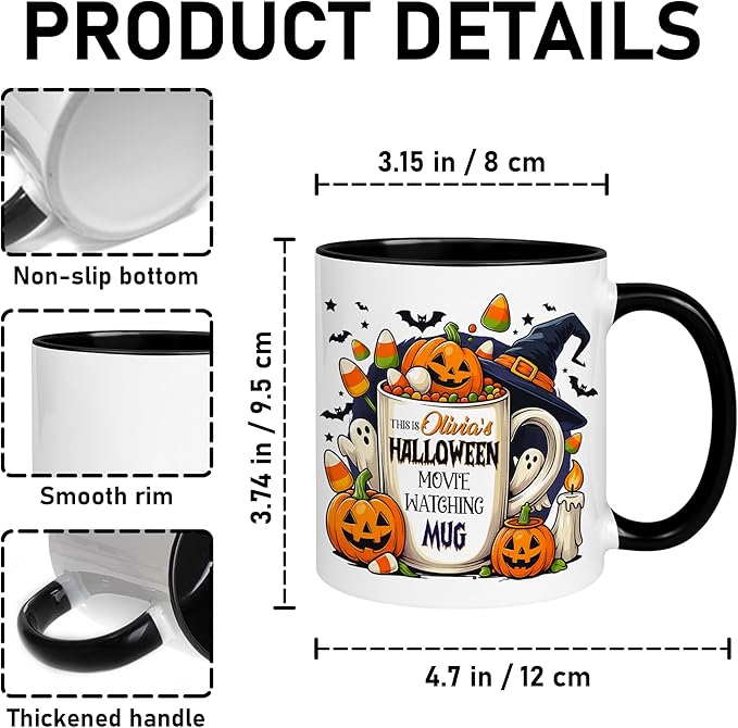 Personalized Halloween Movie Watching Mug – Custom Pumpkin Ghost Coffee Cup with Witch Hat and Candy Corn – Cute Fall Coffee Mug for Women, Spooky Bookish Gift for Readers & Halloween Lovers
