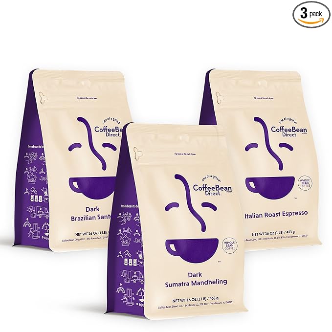 Coffee Bean Direct Dark Roast Coffee Lovers Variety Bundle – Brazilian Santos, Italian Espresso & Sumatra, Whole Bean, Dark Roast, 1 Pound Bags (Pack of 3)