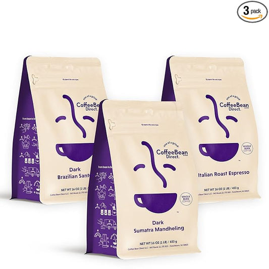 Coffee Bean Direct Dark Roast Coffee Lovers Variety Bundle – Brazilian Santos, Italian Espresso & Sumatra, Whole Bean, Dark Roast, 1 Pound Bags (Pack of 3)
