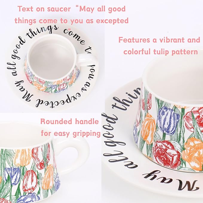 Colorful Tulip Ceramic Coffee Cup and Saucer Set, Floral Printed Tea Cup with Gift Box for Home, Café, Office, Thanksgiving Gift for Women