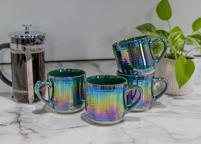 Elanze Designs Glossy Reactive Glaze Large 17 Fluid Ounce Everyday Kitchen Food Grade Ceramic Stoneware Coffee Mug Cup with Comfort Curved Handles, Set of 4, Emerald Green