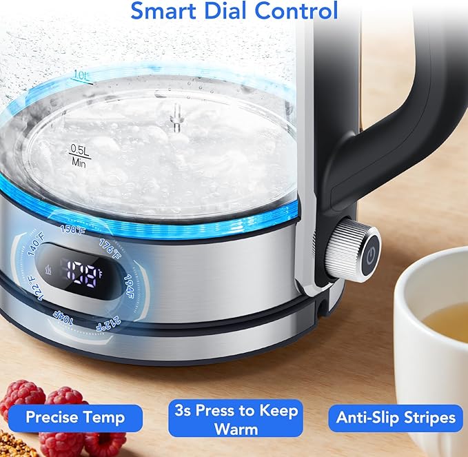 COWSAR Electric Kettle with Precise Temp Control (104-212℉) - Hot Water Kettle, 304 Food-Grade SS & Borosilicate Glass, Custom Keep-Warm, Ambient Light, Auto-Shutoff, Anti-Dry-Boil, 360° Cordless Base