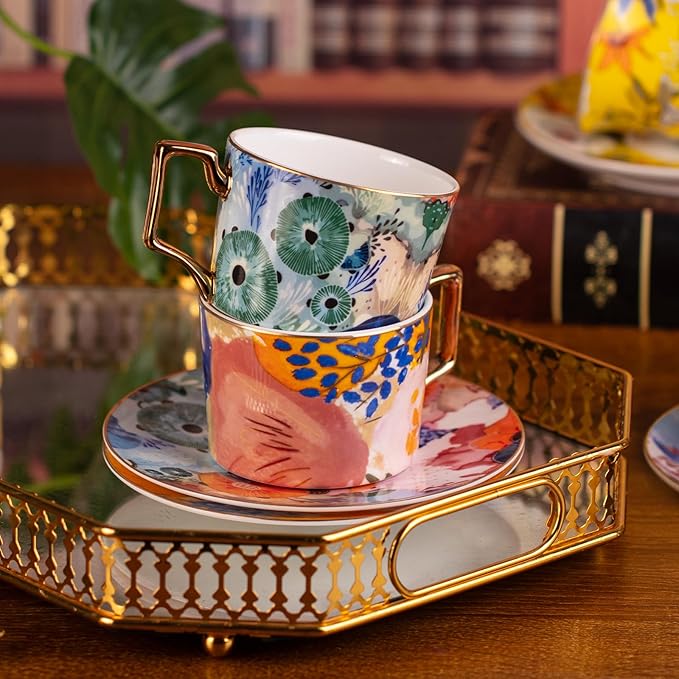 KAMMAK Tea Cups and Saucers Set of 2, Fine Bone China Coffee Cups, 8.5-Ounce Stackable Espresso Mugs, Ceramic Demitasse for Coffee, Cappuccino, Latte, Americano, Tea, Floating World