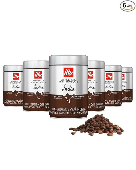 illy Whole Bean Coffee, India Single Origin Dark Roast, 100% Arabica, Premium Italian Coffee, Ideal for Espresso, Drip, Moka and French Press Brewing, 8.8oz, 6 Pack