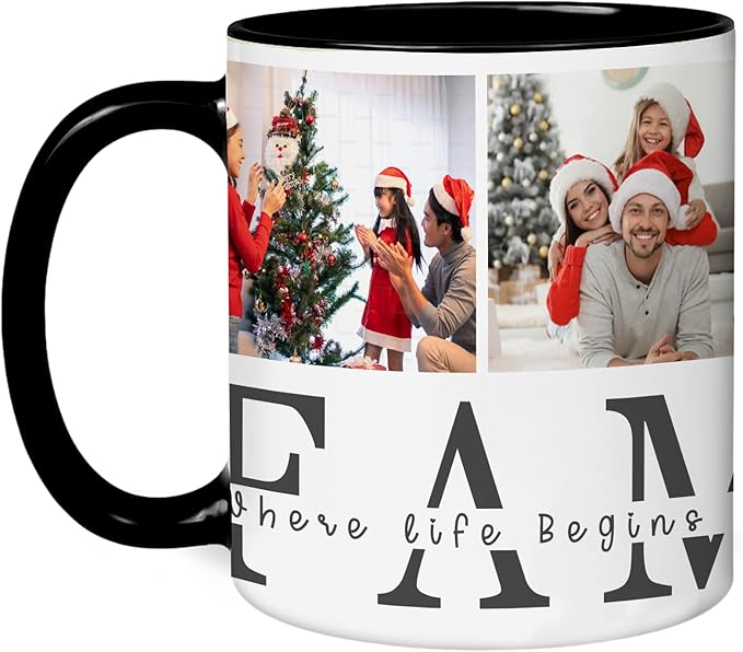 Personalized Funny Christmas Hot Cocoa Mug – Santa Gift, Unique White Elephant Exchange Present – Custom Family Photo Coffee Cup with Quote “Where Life Begins and Love Never Ends”