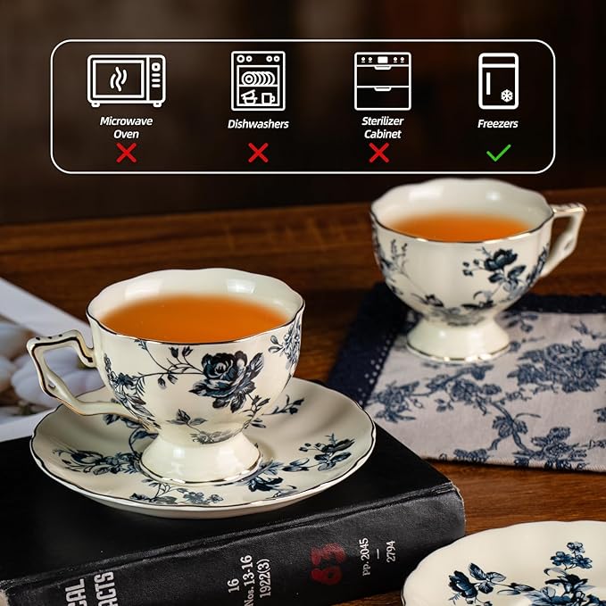 KAMMAK Tea Cups and Saucers Set of 2, Porcelain Coffee Cups, 6.8-Ounce Stackable Espresso Mugs, Ceramic Demitasse for Coffee, Latte, Americano, Tea, Blue Orchid