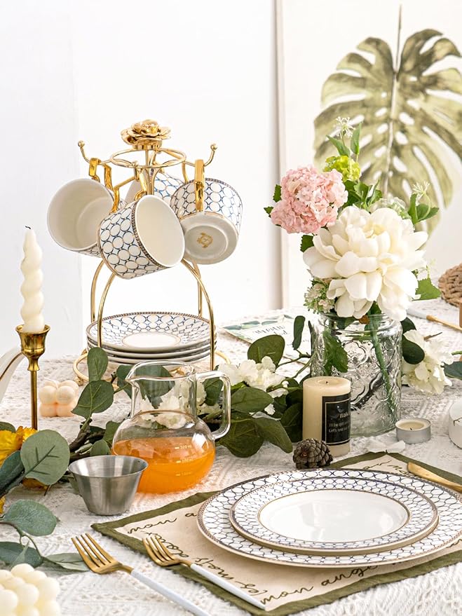 CwlwGO-European style cup and saucer set, 7 oz (about 198.4 grams) bone china exquisite glazed platinum tea cup and saucer (two sets), golden spoon, mug, cappuccino, latte, MOCHA, elegant female suit.