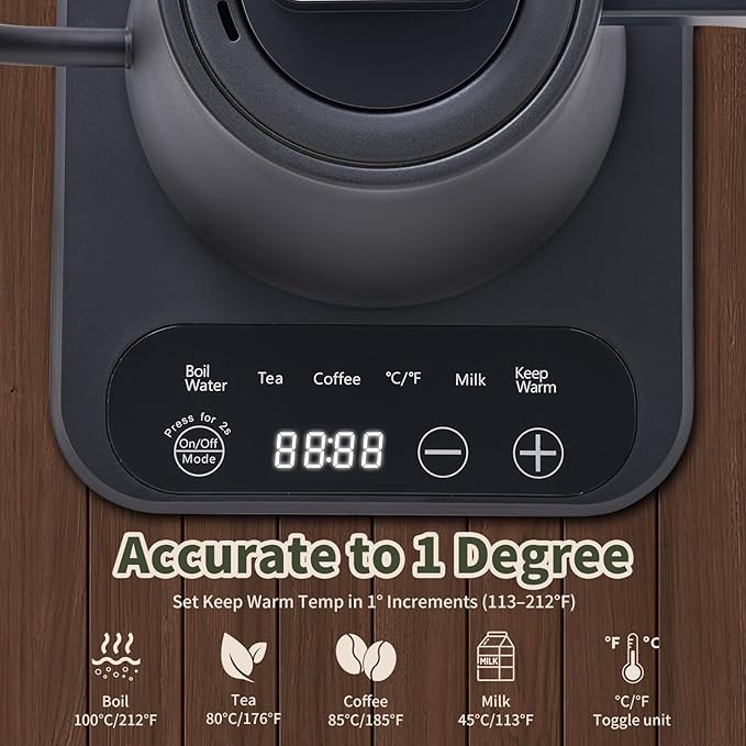 CTT Gooseneck Electric Kettle with Temperature Control, 1L Pour Over Kettle for Coffee/Tea, Hot Water Boiler Kettle Electric, Keep Warm 12 Hours, 316 Stainless Steel Inner, 1000W, Black