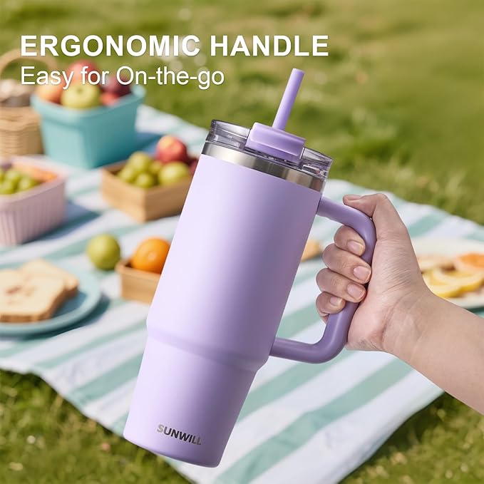 SUNWILL Coffee Tumbler with Handle, 30 oz Travel Mug with Lid and Straw Insulated, Stainless Steel Cup Leak Proof for Travel & Outdoor, Cupholder Friendly, Powder Coated Orchid