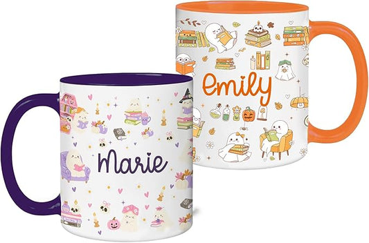 Halloween Book Lover Coffee Mug – Cute Ghost Cup with Name – Fall Coffee Mug for Women, Christmas Birthday Present, or Unique Bookish Gift for Readers – Personalized Reading Lover Cup