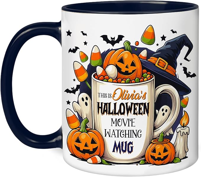 Personalized Halloween Movie Watching Mug – Custom Pumpkin Ghost Coffee Cup with Witch Hat and Candy Corn – Cute Fall Coffee Mug for Women, Spooky Bookish Gift for Readers & Halloween Lovers
