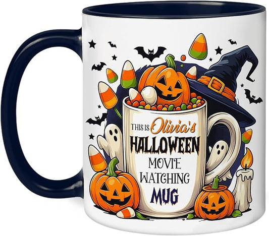 Personalized Halloween Movie Watching Mug – Custom Pumpkin Ghost Coffee Cup with Witch Hat and Candy Corn – Cute Fall Coffee Mug for Women, Spooky Bookish Gift for Readers & Halloween Lovers