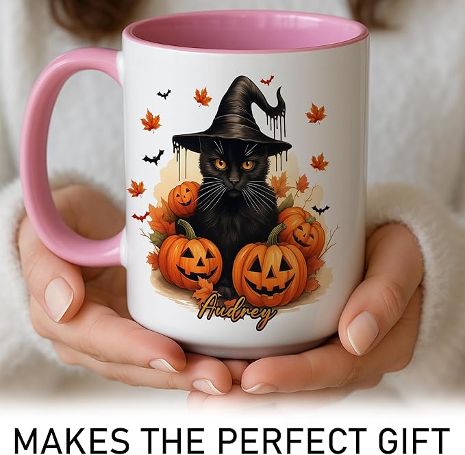 Personalized Halloween Black Cat Mug – Custom Name Coffee Cup with Witch Hat and Pumpkins – Spooky Fall Gift for Cat Lovers & Halloween Decor Fans