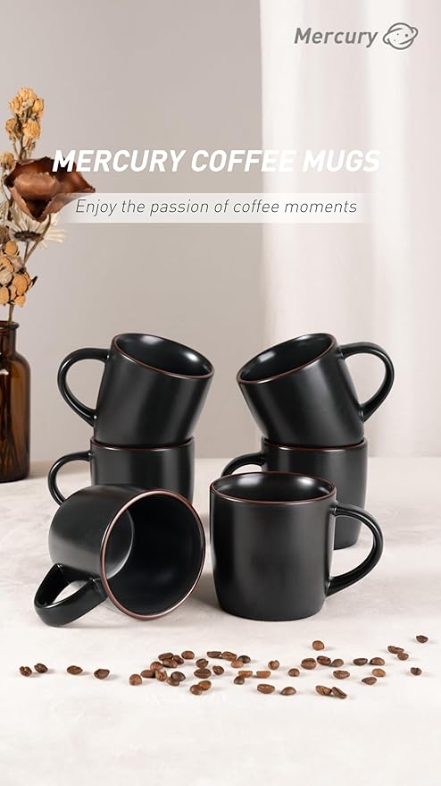 famiware Mercury Coffee Mugs 13 oz, Coffee Mugs Set of 6 with Handle, Cups for Latte, Hot Tea, Cappuccino, Mocha, Cocoa, Matte Black