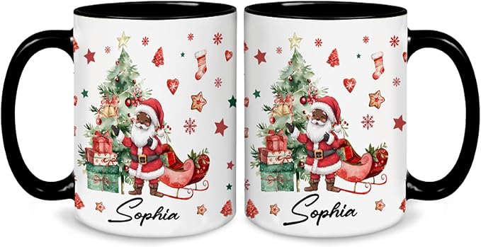 Personalized Black Santa Christmas Mugs – Custom Coffee Cup with Name – Holiday Hot Cocoa Mug Gift for Dad, Mom, Friends – Unique Christmas Ceramic Cup