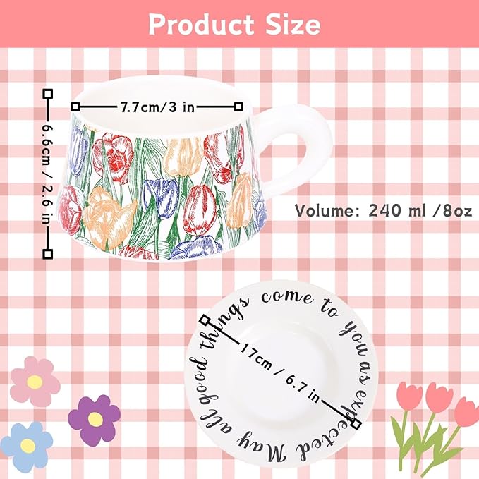 Colorful Tulip Ceramic Coffee Cup and Saucer Set, Floral Printed Tea Cup with Gift Box for Home, Café, Office, Thanksgiving Gift for Women