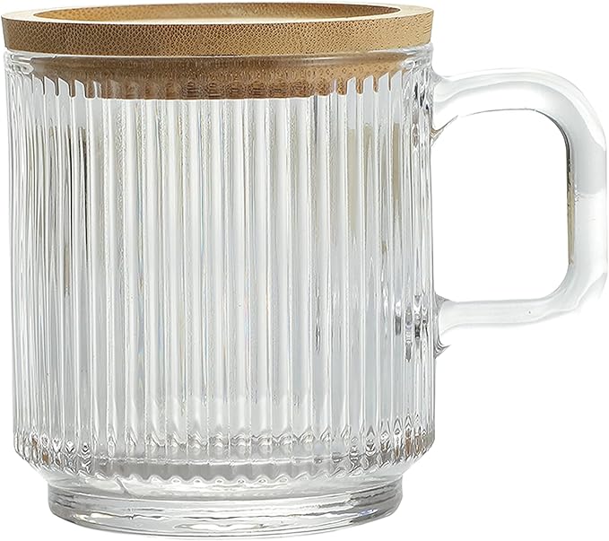 Lysenn Clear Glass Coffee Mug with Lid - Premium Classical Vertical Stripes Glass Tea Cup - for |Latte|Tea|Chocolate|Juice|Water| - Unleaded - Bamboo Lid - 12.5 Ounces