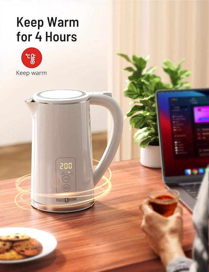 Electric Kettle Temperature Control, PARIS RHÔNE 1.7L Electric Kettle, 4H Keep Warm Water Boiler with 6 Presets, LED Screen Electric Kettles for Boiling Water, Boil-Dry Protection, BPA Free