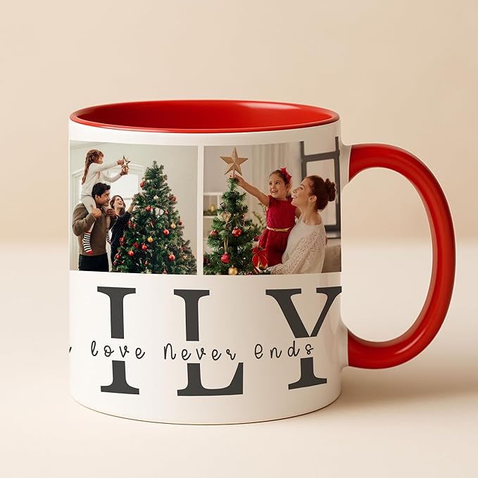 Personalized Funny Christmas Hot Cocoa Mug – Santa Gift, Unique White Elephant Exchange Present – Custom Family Photo Coffee Cup with Quote “Where Life Begins and Love Never Ends”