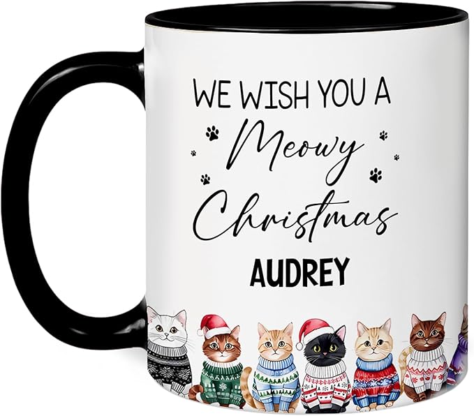 Personalized Cat Coffee Mug Funny Cup Christmas Birthday Gift For Cat Lovers From Friends Family Pet Mom Unique Design Cute Holiday Tea Mug Meowy Christmas