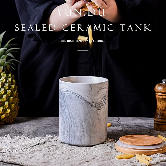 Yundu 40 FL OZ/1180ML Kitchen Canister, Grey Marble Ceramica Food Storage Jar with Bamboo Lid for Ground Coffee, Flour, Tea, Sugar, Airtight Coffee Container