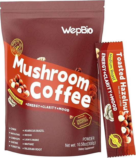 Mushroom Coffee 11 in 1 Adaptogenic Mushroom Blend with Ashwagandha KSM-66,Lions Mane,Reishi,Turkey Tail Hazelnut Instant Mushrooms Coffee for Boost Energy,Focus,Sugar-Free,30 Servings