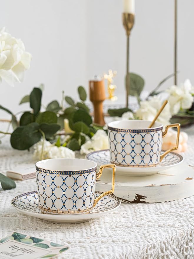 CwlwGO-European style cup and saucer set, 7 oz (about 198.4 grams) bone china exquisite glazed platinum tea cup and saucer (two sets), golden spoon, mug, cappuccino, latte, MOCHA, elegant female suit.