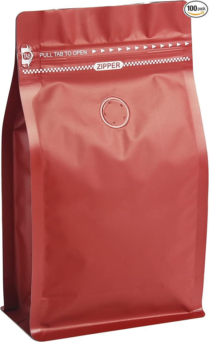 100 Count 12oz Red Coffee Bags with Aluminum Foil Liner, High Barrier Coffee Pouches with Degassing Valve, Ziplock Food Storage Bags with Pull Tape, Pack of 100, 12oz/0.75lb/340gram
