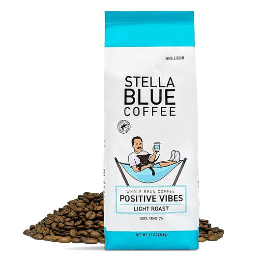 Stella Blue Whole Bean Coffee, Positive Vibes Blend, Light Roast Vanilla, Fruity Notes 100% Arabica Beans, Ethically Sourced from Central and South America, Smooth Balanced, 12oz Bag