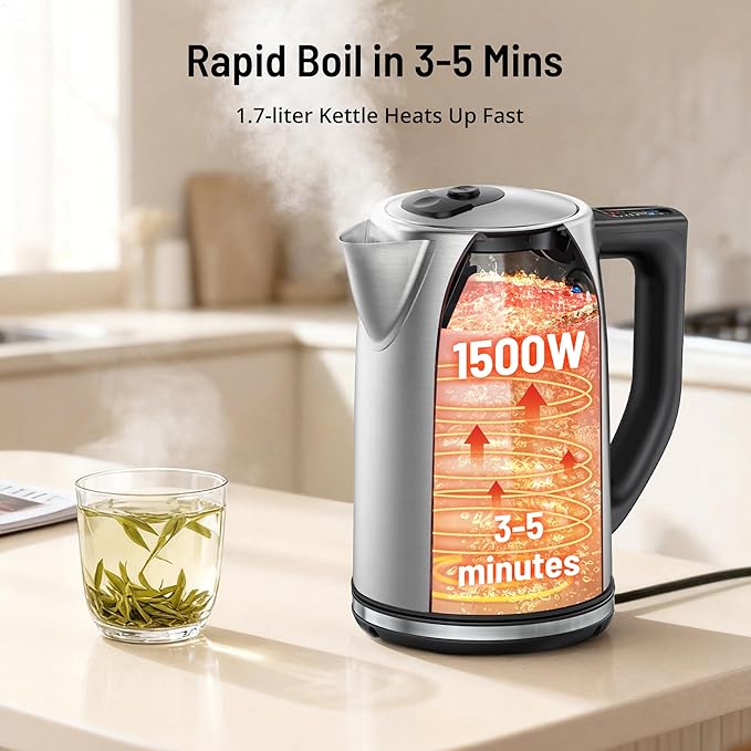Electric Kettle Temperature Control, 1.7L Electric Tea Kettle with 6 Temperature Settings, 1500W Cordless Hot Water Boiler Heater, Strix Thermostat, Touch Control, Auto-Shutoff, Boil-Dry Protection